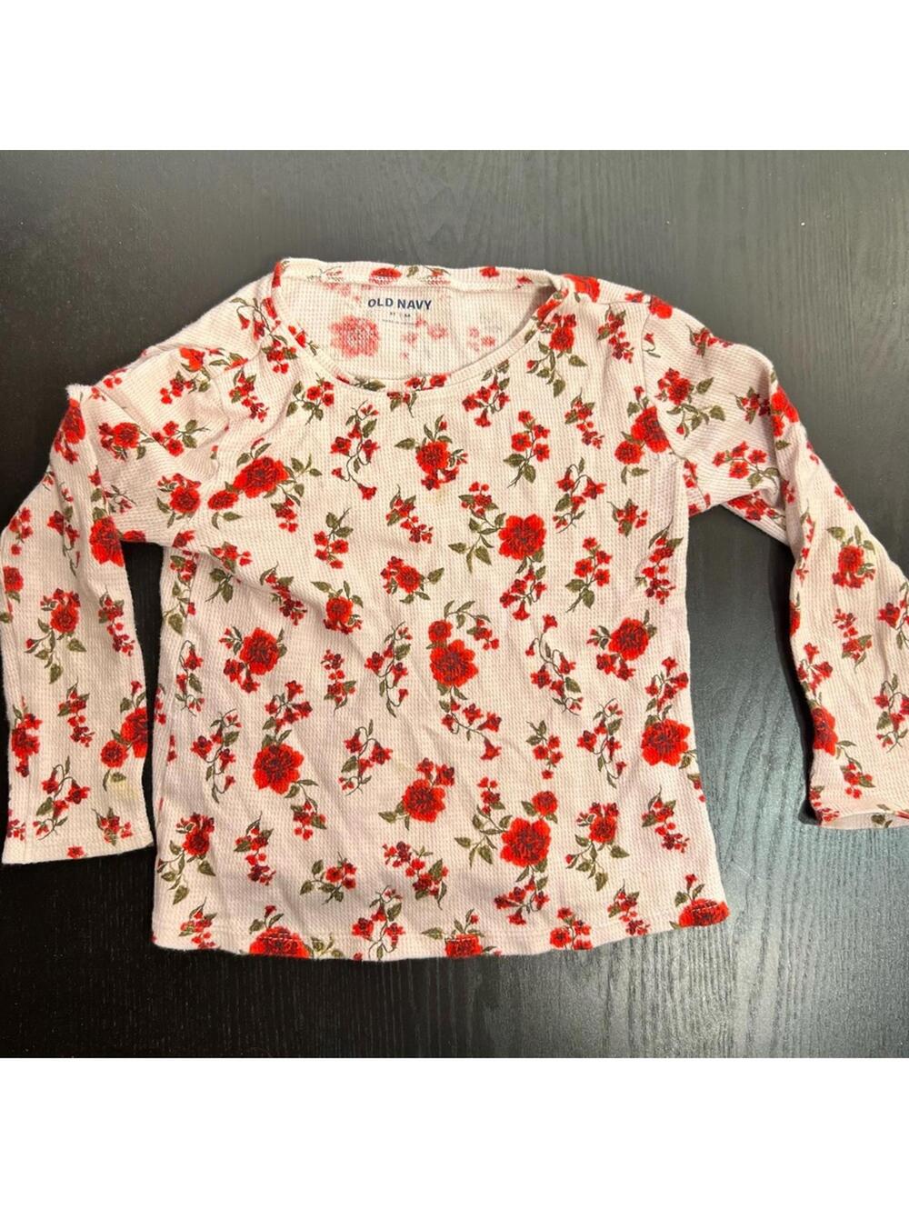 Red Floral Long Sleeve Tee with Crew Neck
